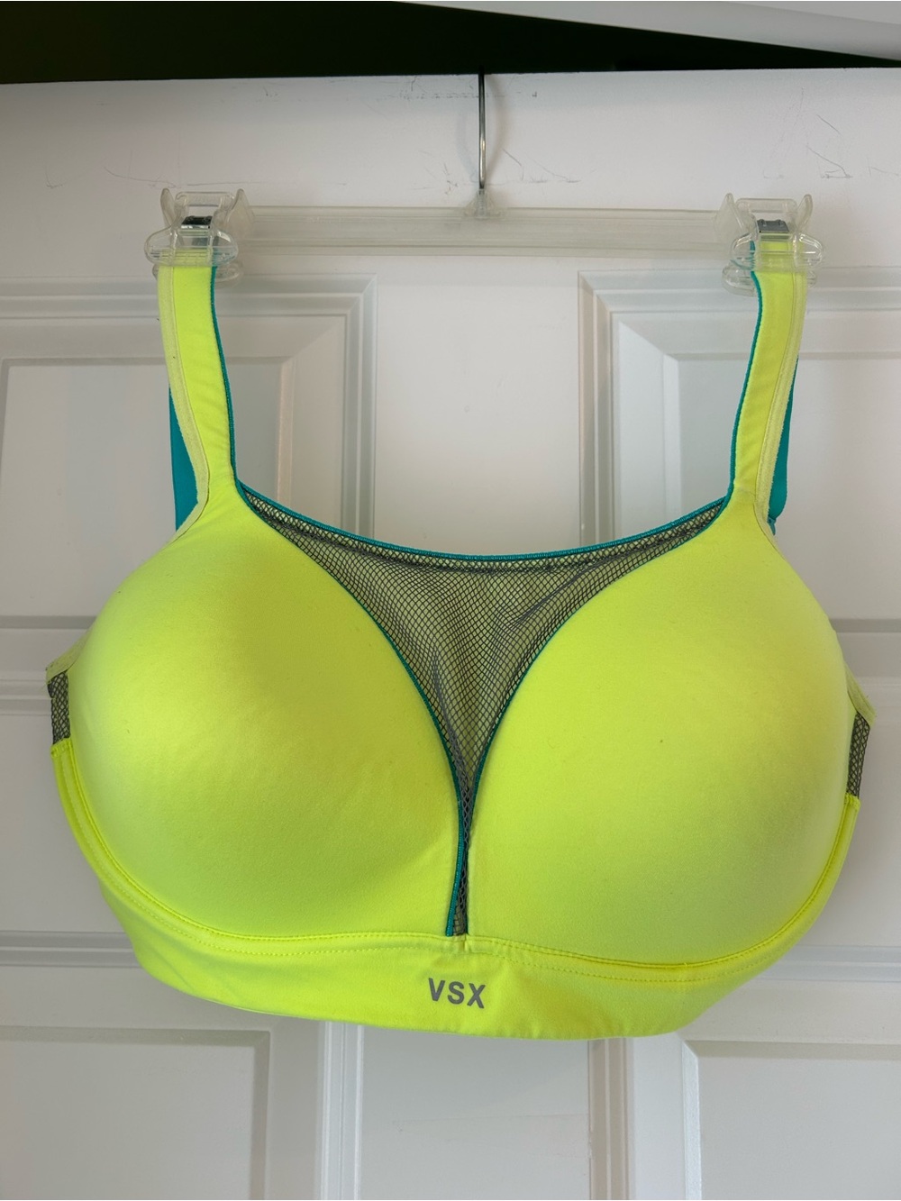 Victoria's Secret 34D Neon Yellow Lime VSX High-Impact Sports Bra with Teal Trim